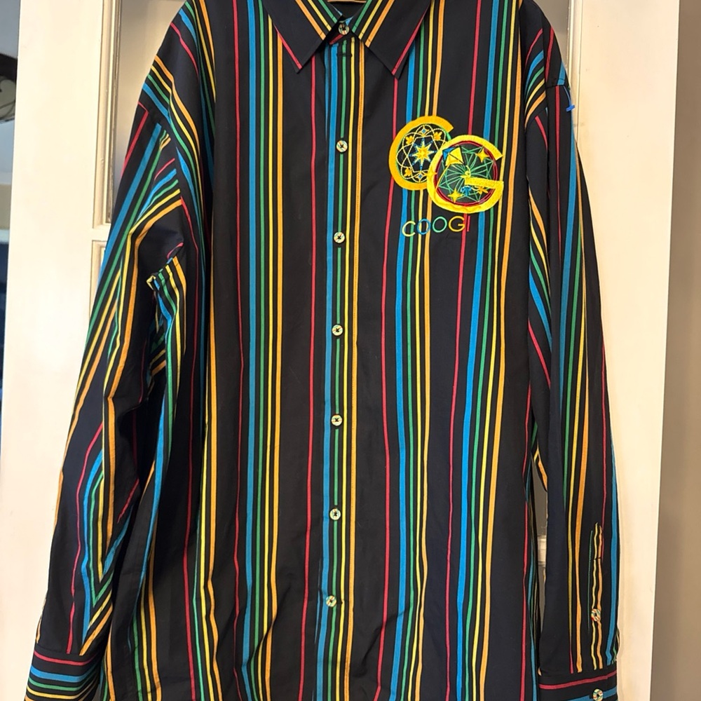 COOGI VTG Y2K Shirt Men's Button Embroidered Rainbow Multicolor Stripe Black 3XL